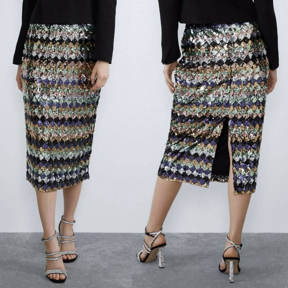 🍍3 For 50🍍Sequin Diamond-Pattern Midi Skirt - Black Multicolor - Picture 13 of 15